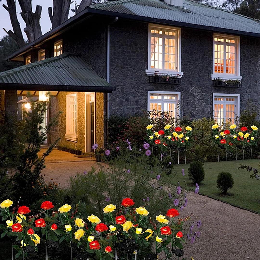 2 Packs Solar Rose Flower Stake Lights With 6 Rose Flowers