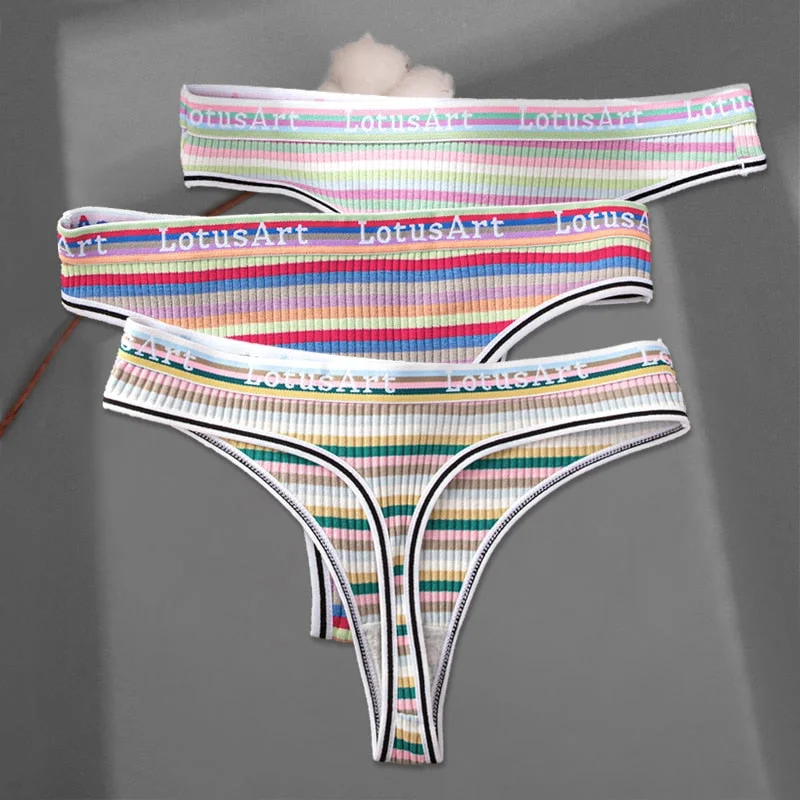 FINETOO 3Pcs/set Women Rainbow Thongs M-XL Cotton Panties Comfortable Striped T-Back Underwear Ladies Soft G-string Lingerie New