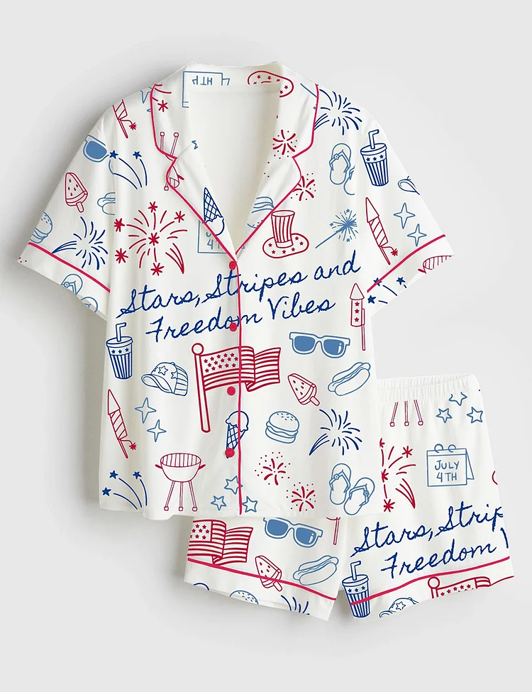 Women&rsquo;s Stars Stripes And Freedom Vibes 4th Of July Patriotic America Print Short Sleeve Satin Pajama Set