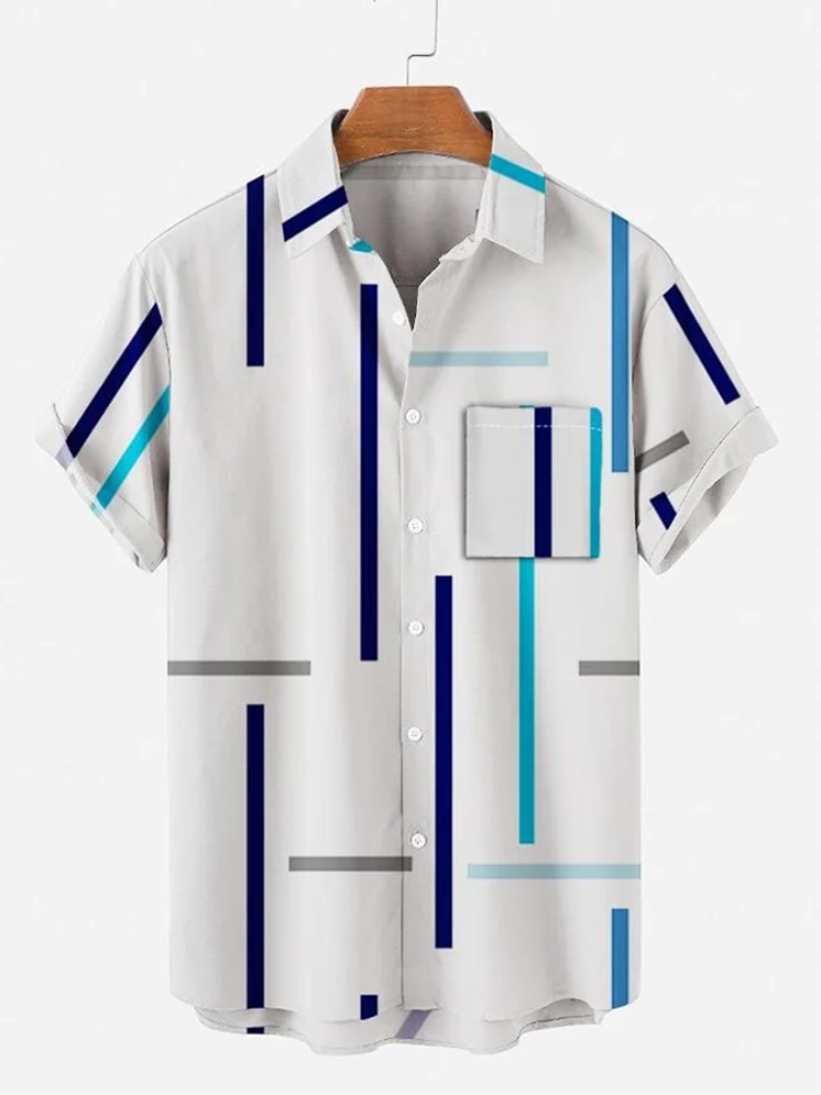 BrosWear Printed Geometric Line Lapel Short Sleeved Shirt