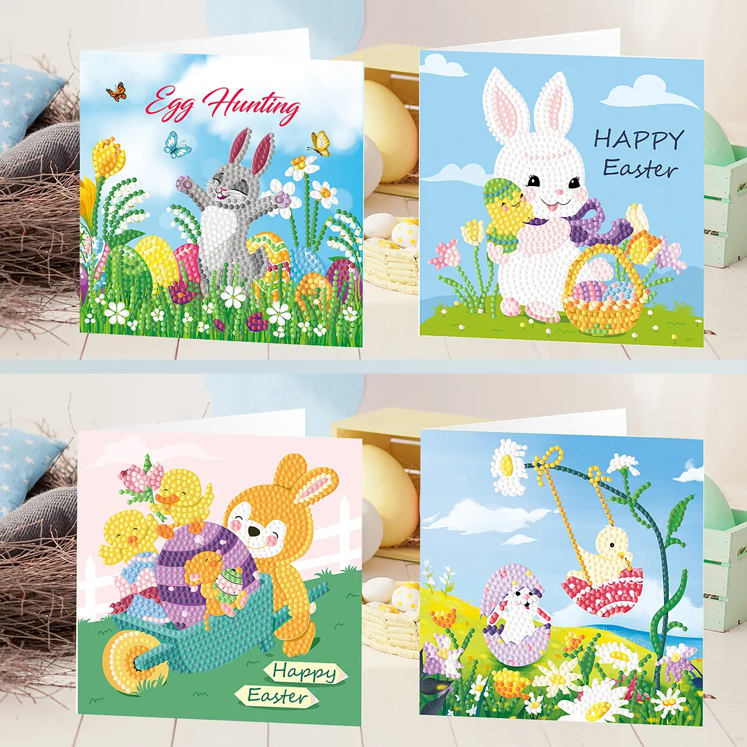 4Pcs Rabbit Easter Egg Theme DIY Diamond Painting Greeting Card Set with Envelopes 5D Unique Rhinestone Arts Card Rhinestone Diamonds Art Postcards for Adults Gifts Families Friends Partners