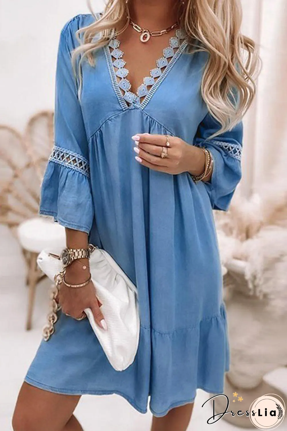 Casual Print Split Joint V Neck Straight Dresses(6 Colors)