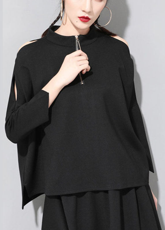 VCSHOES Loose Black Stand Collar Patchwork Zippered Fall Three Quarter sleeve Top
