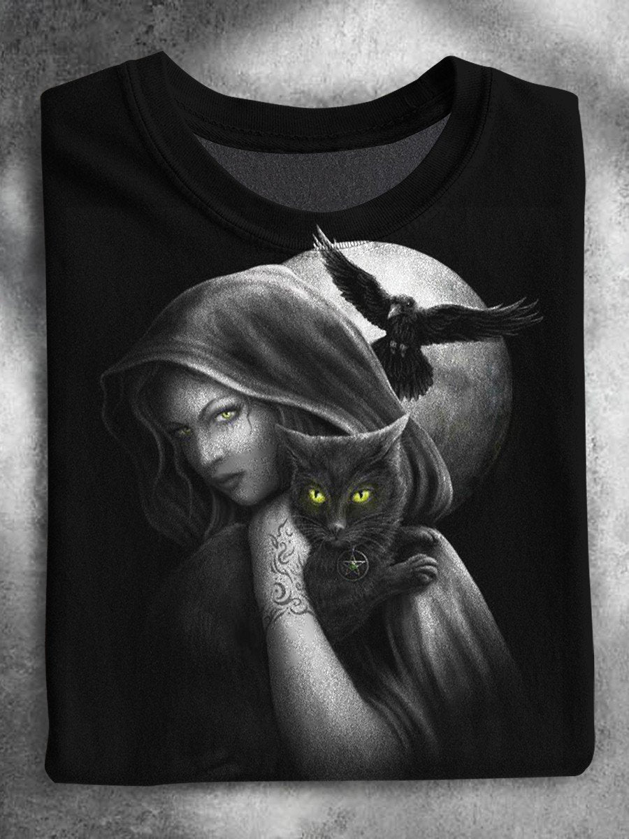 The Witch and The Black Cat Bats Night Moon Halloween Casual Print T-shirt
