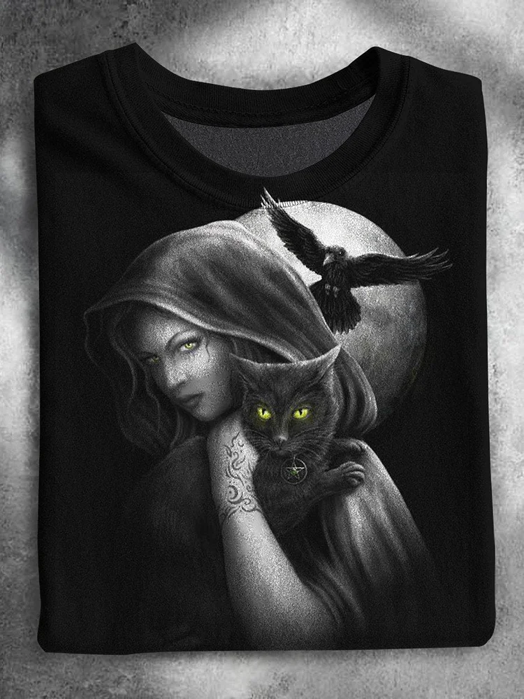 The Witch and The Black Cat Bats Night Moon Halloween Casual Print T-shirt