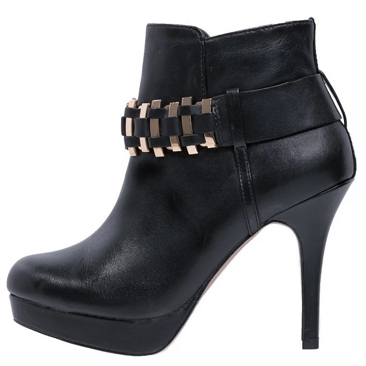 Black Metal Stiletto Heels Platform Ankle Boots |FSJ Shoes