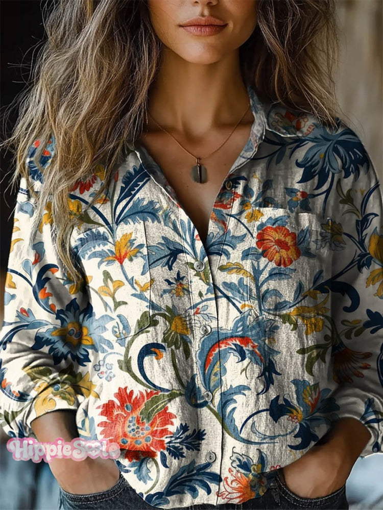 Women’s Vintage Lovely Floral Art Print Casual Long Sleeve Comfortable Cotton Shirt Multicolor / S