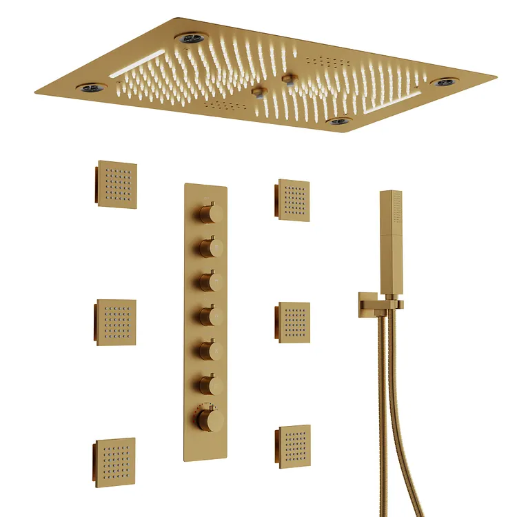 EVERSTEIN Thermostatic LED Rainfall & Waterfall Shower System Brushed Gold, 27.5" x 15.75"
