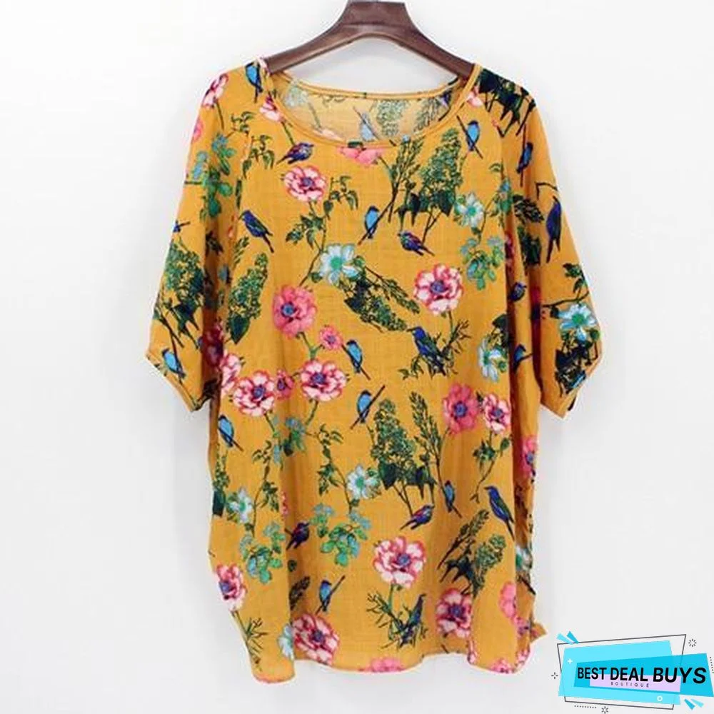 Plus Size Women Batwing Casual Tops Tees Floral Print Cotton Linen Blouses