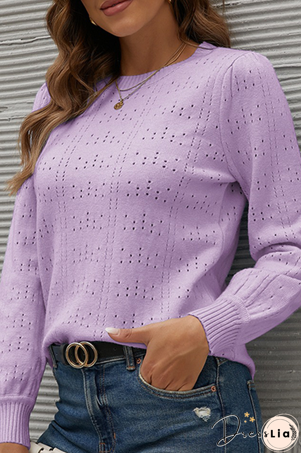 Casual Solid Hollowed Out Split Joint O Neck Tops