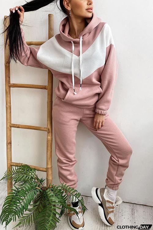 Colorblock Pocket Drawstring Hoodie & Pants Set