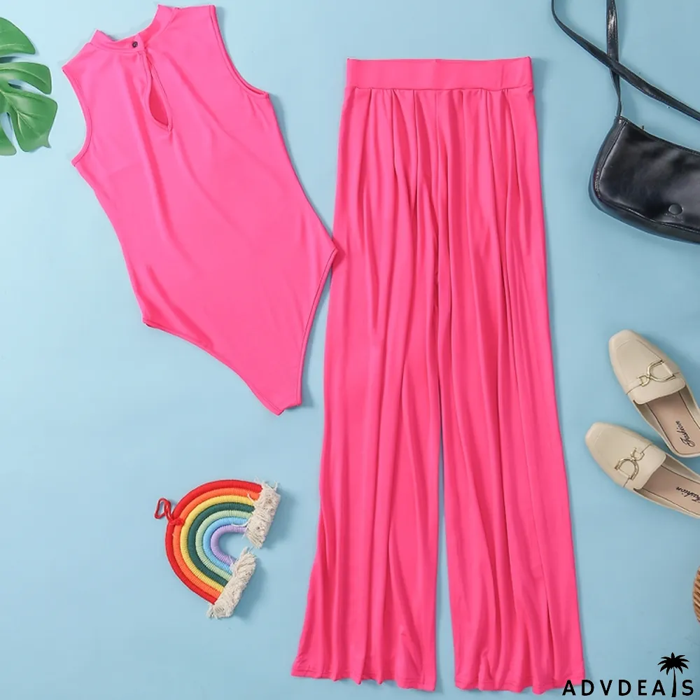 Summer Sexy Pink Sleeveless Top And Wide Pant Wholesale Womens 2 Piece Sets