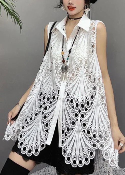 Chic White Hollow Out Button Cotton Shirts Sleeveless