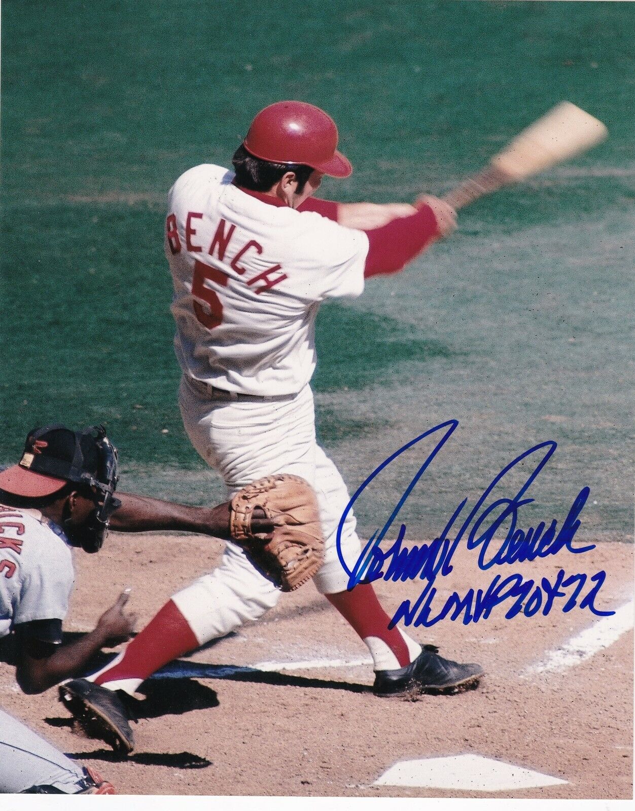 JOHNNY BENCH CINCINNATI REDS NL MVP 70 & 72 ACTION SIGNED 8x10