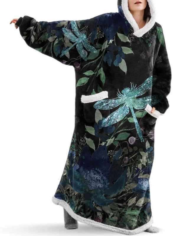 Retro Dragonfly Print Fleece Oversize Blanket Long Hooded Pajamas Hoodie