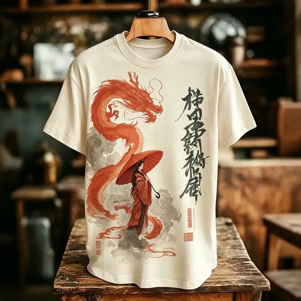 Men's Ink-wash Oriental Art Dragon Print Casual T-shirt  artssus