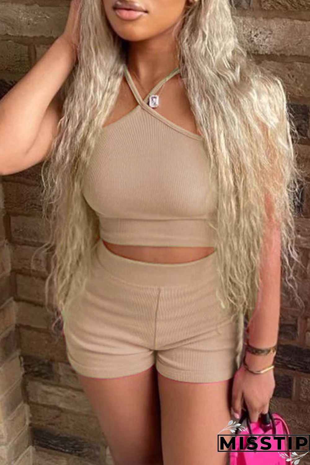 Pink Sexy Casual Solid Backless Spaghetti Strap Sleeveless Two Pieces