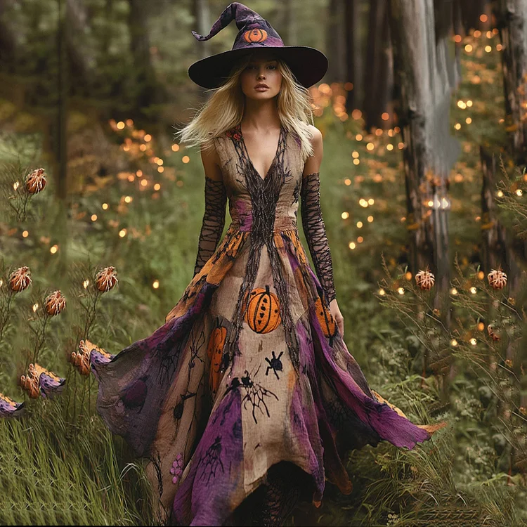 Halloween Themed Tie-dye Ombre Pumpkin Spider Embroidered Beaded Witch Maxi Dress