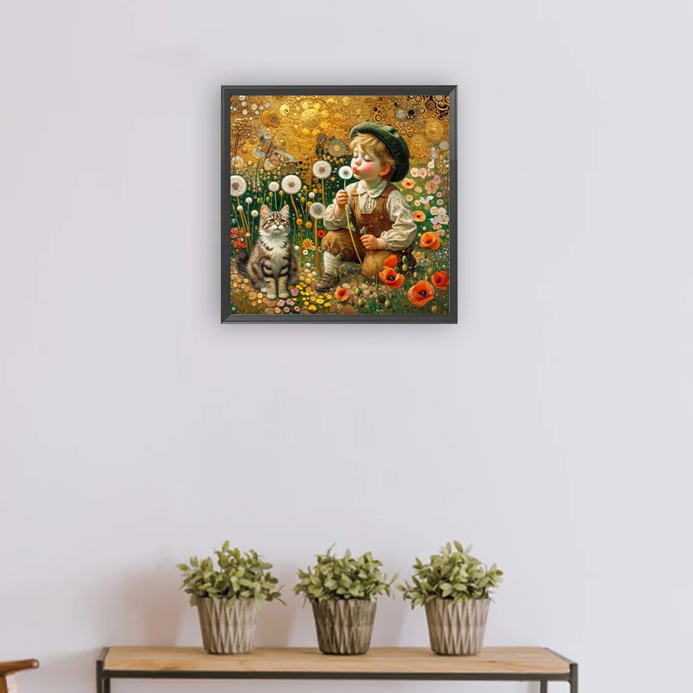 Full Round Diamond Painting 30*30cm - Child, Kitten And Dandelions