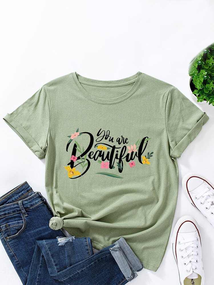 Letters Floral Print O neck Short Sleeve Casual T Shirt For Women P1832879