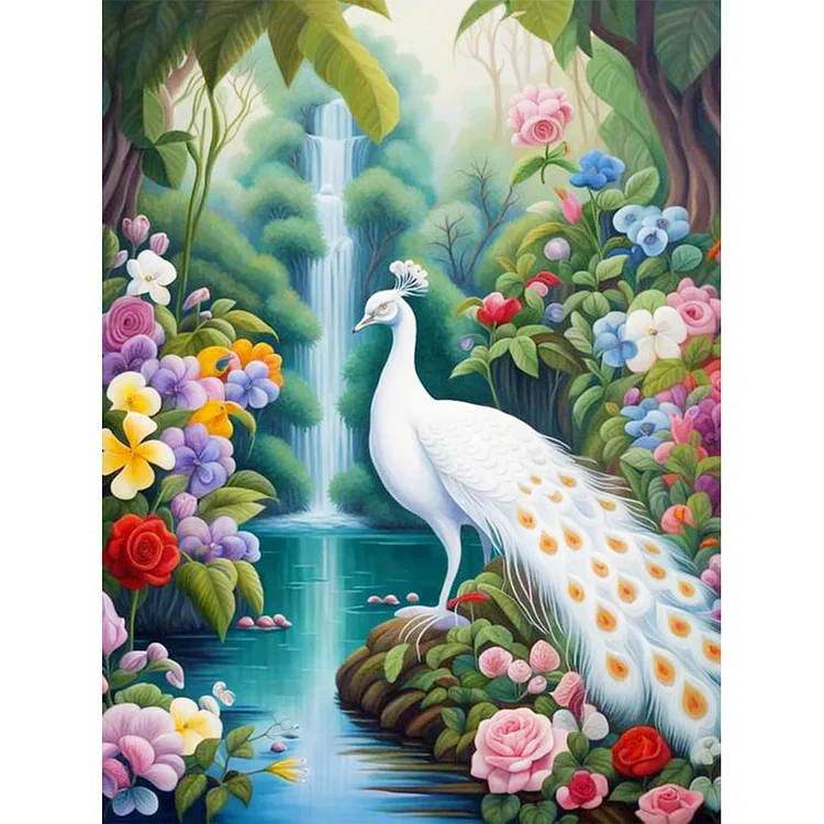White Peacock By Forest Lake 30*40CM (Canvas) Round Drill Diamond Painting gbfke