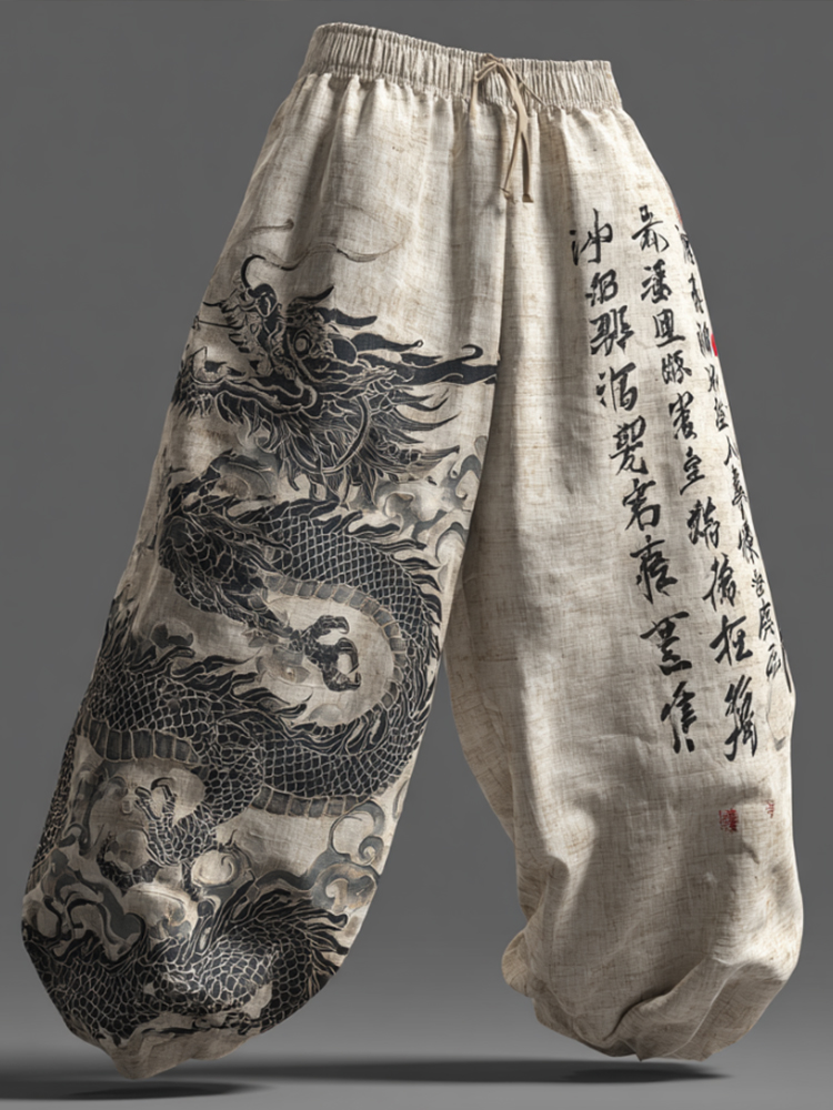 Japanese Art Dragon Totem Black And White Artistic Cotton Linen Trousers  artssus