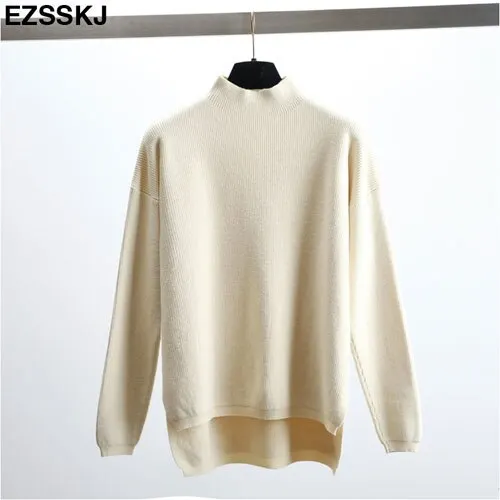 Korean Style Loose Sweater Women Pullover Casual Half Turtleneck Long Sleeve Oversized Knit Sweater Female Jumpers Split solid