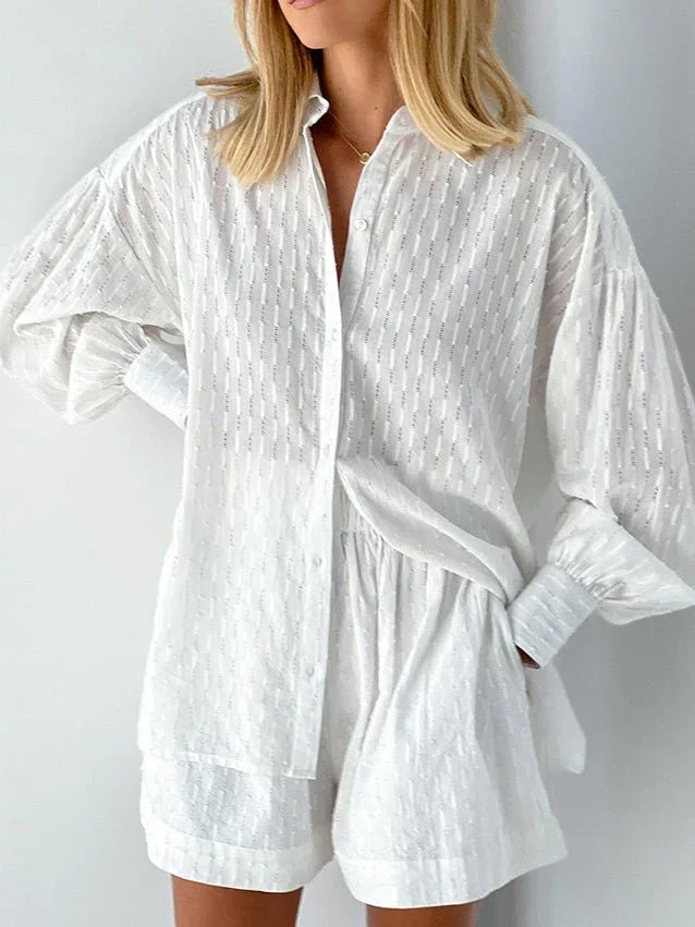 Women's Sets Jacquard Long Sleeve Shirt & Shorts Two Piece Set