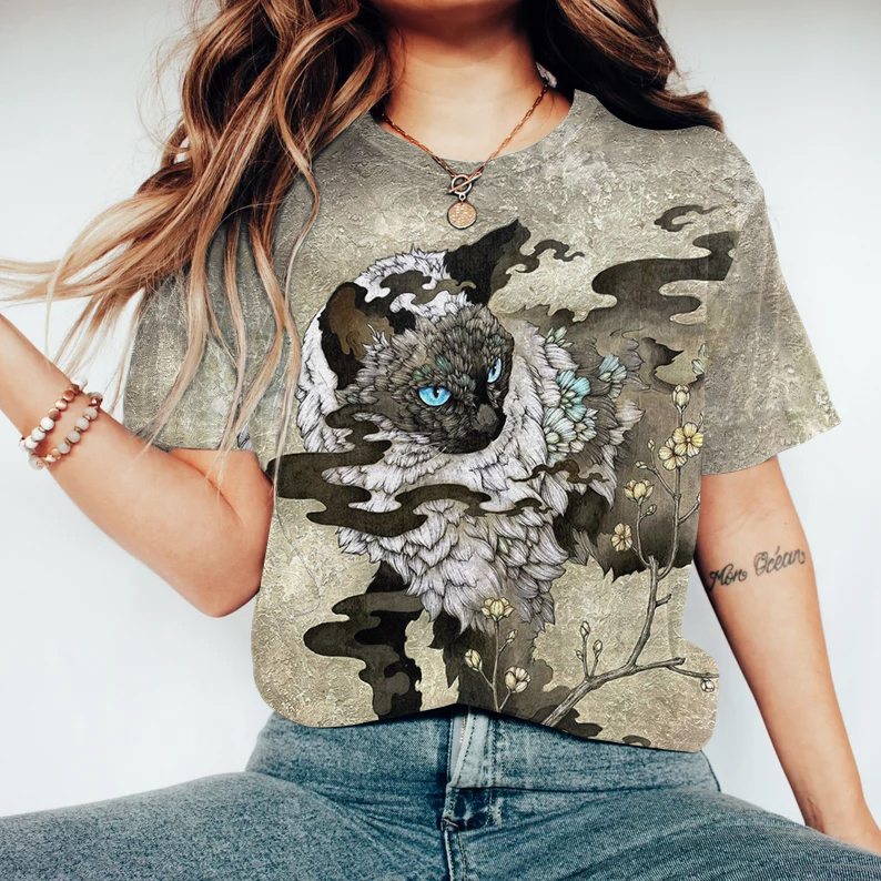 Comstylish Vintage Art Cat Print Round Neck Casual T-Shirt
