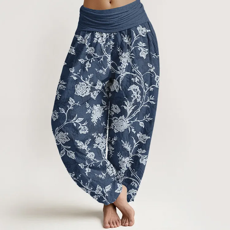 Cotton Full Coverage Flowers Pattern Women's Elastic Waist Harem Pants