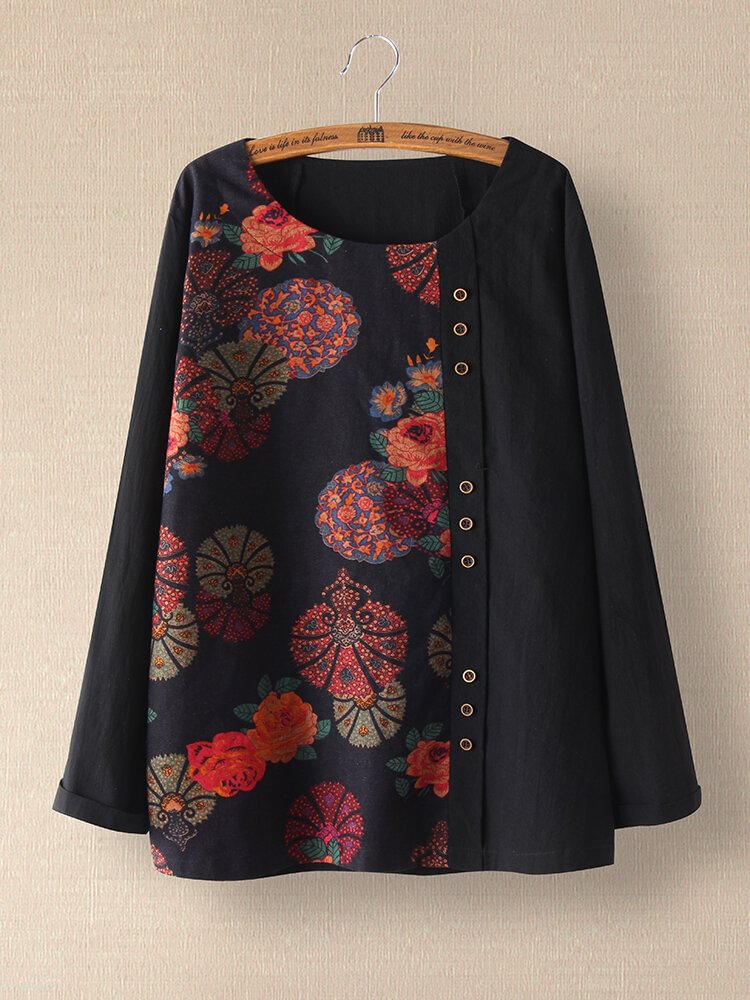 Floral Printed Patchwork Button Long Sleeve Blouse For Women P1706947
