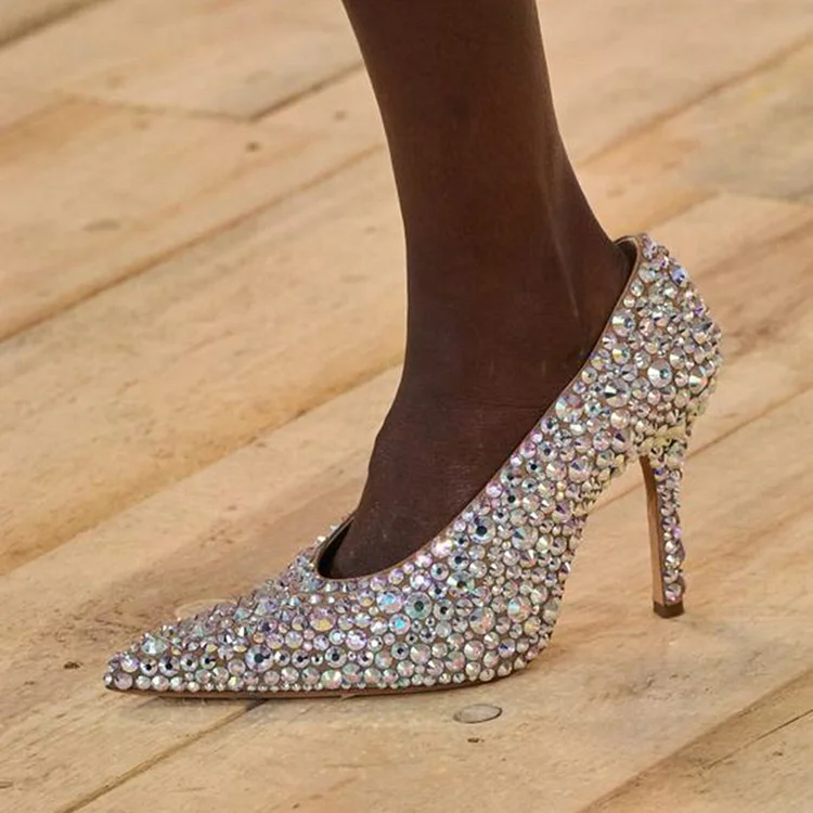 Silver Elegant Stiletto Heels Women's Pointed Toe Studs Pump Classy Evening Shoes |FSJ Shoes