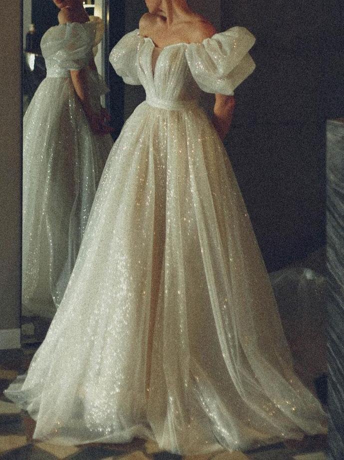 Off shoulder ball gown puff sleeves princess sequins  wedding dress-zachics