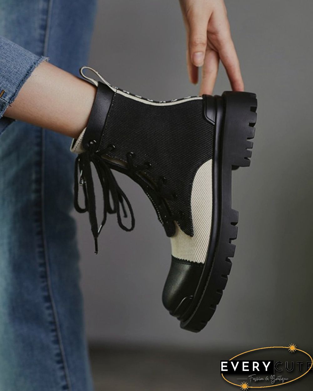 Color Patchwork Round-toe Lace-up Boots