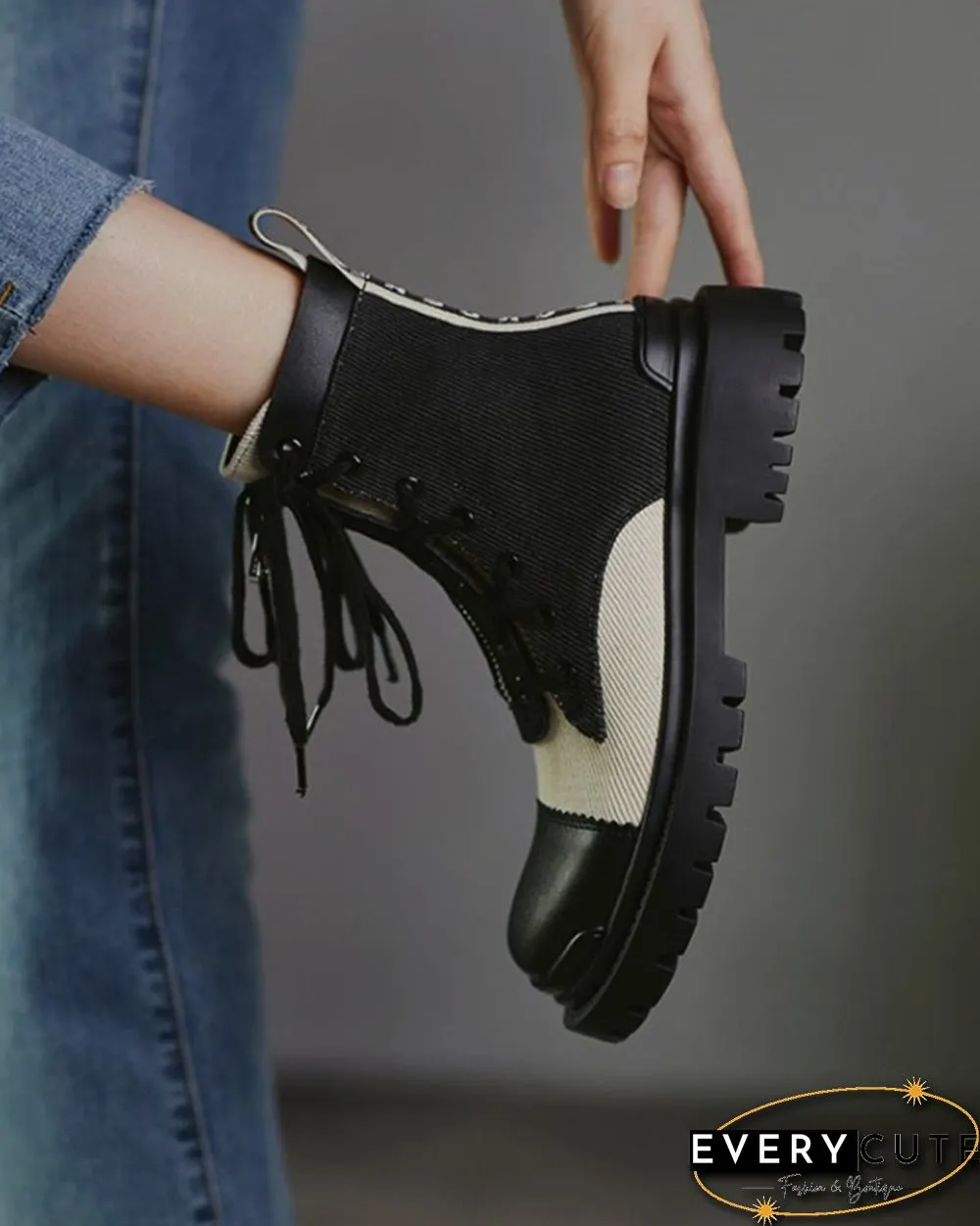 Color Patchwork Round-toe Lace-up Boots