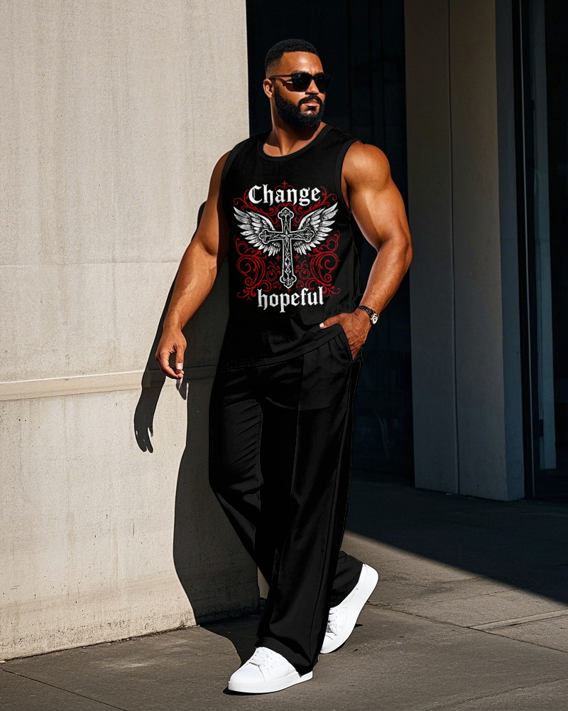 Big Men's Street Fashion Bold Cross with Wing Change & hopeful Letter Printed Vest and Pants Set