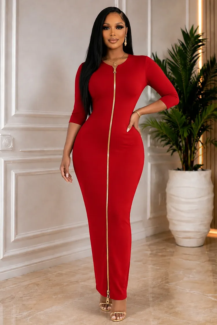 red half sleeve bodycon dress Loragal Solid Color Zipper Casual Maxi Dresses-Red Red-S Regular Neckline