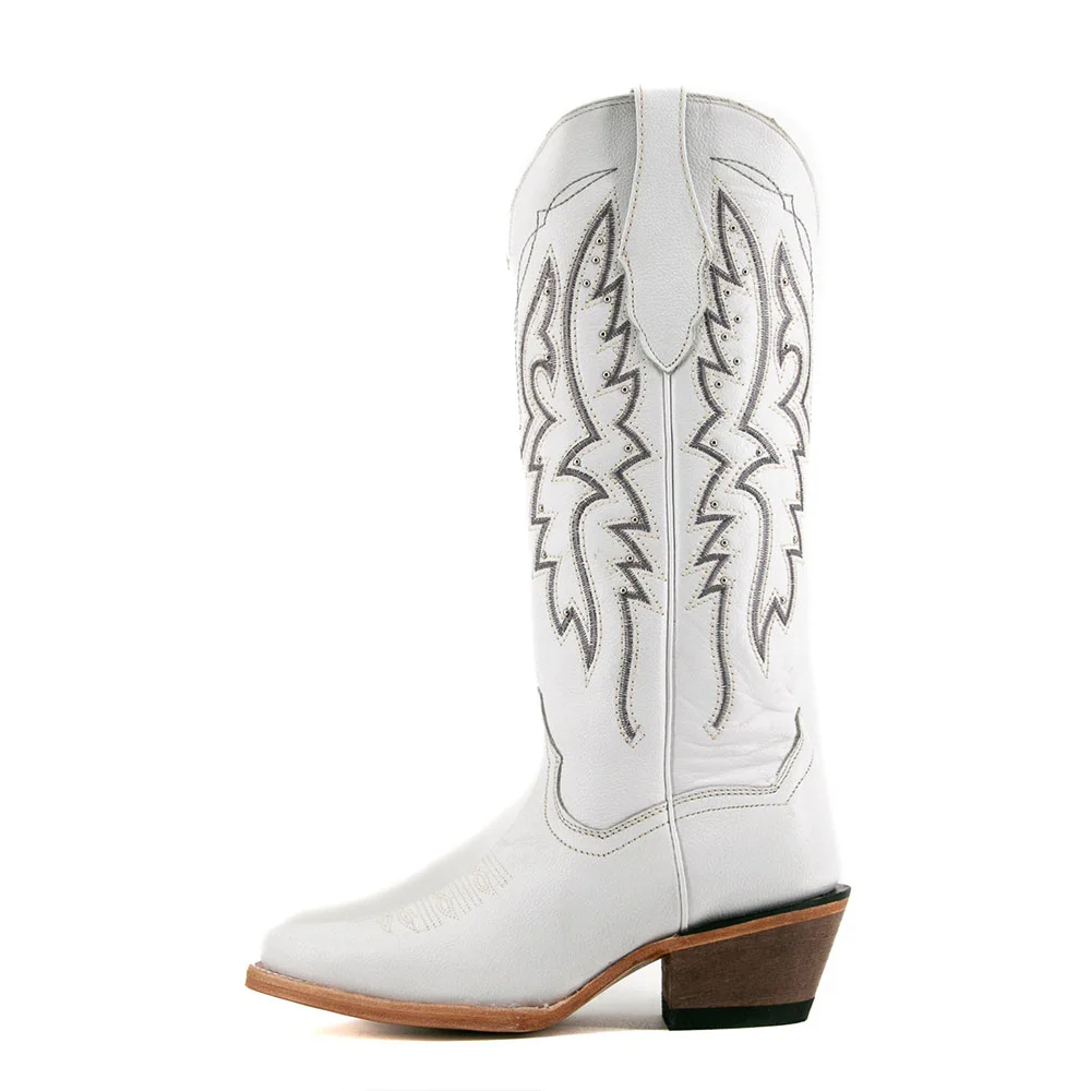 White Snip Toe Chunky Heel Embroidered Studded Mid-Calf Cowgirl Boots