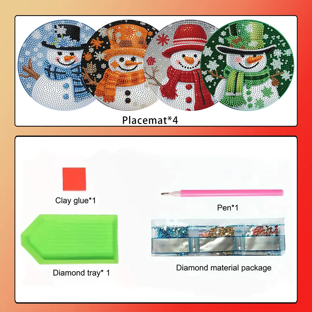 4pcs Snowman Diamond Art Coasters Kits for Home Party and Holiday Decorations