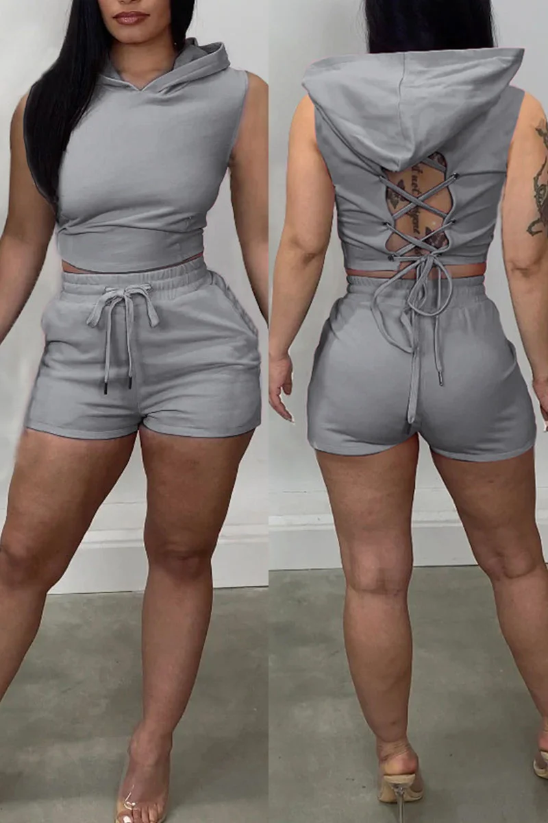 Grey Sexy Solid Split Joint Backless Hooded Collar Sleeveless Two Pieces