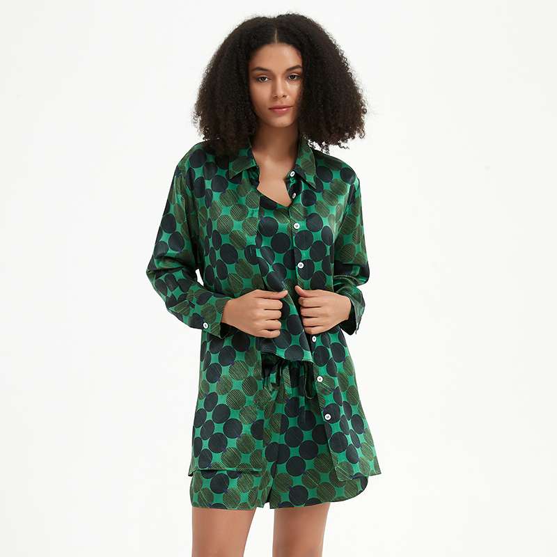 22 MM Geometric Figures Green Silk Blouse Shirt For Women REAL SILK LIFE