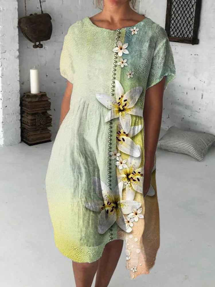 Graceful Lily Art Pleated Midi Dress
