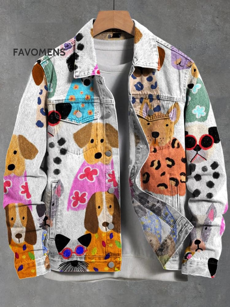 Colorful Cartoon Puppy Vintage Print Casual Denim Jacket Multicolor / S