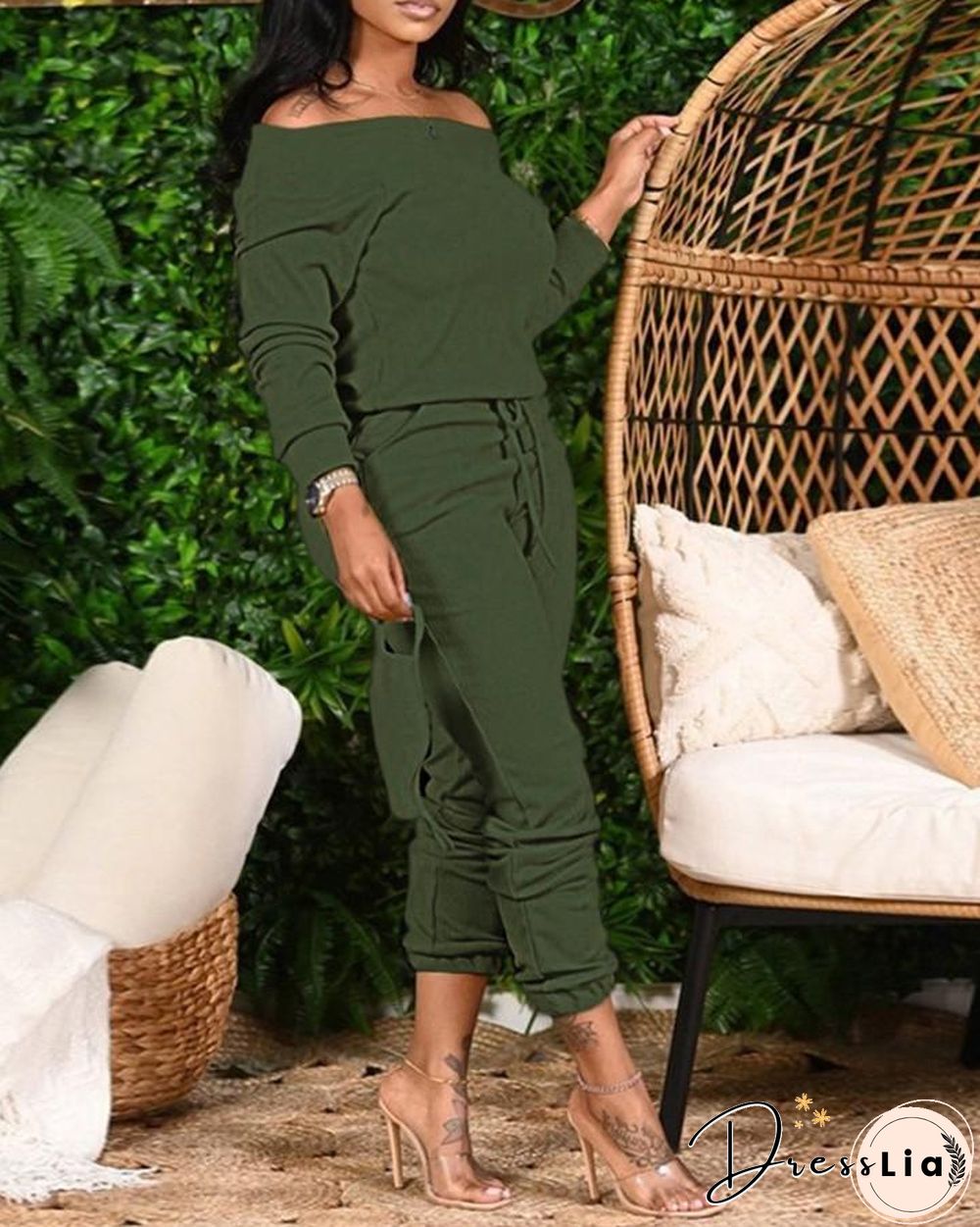 Plus Size Plain Long Sleeve Top & Drawstring Pants Set P14071