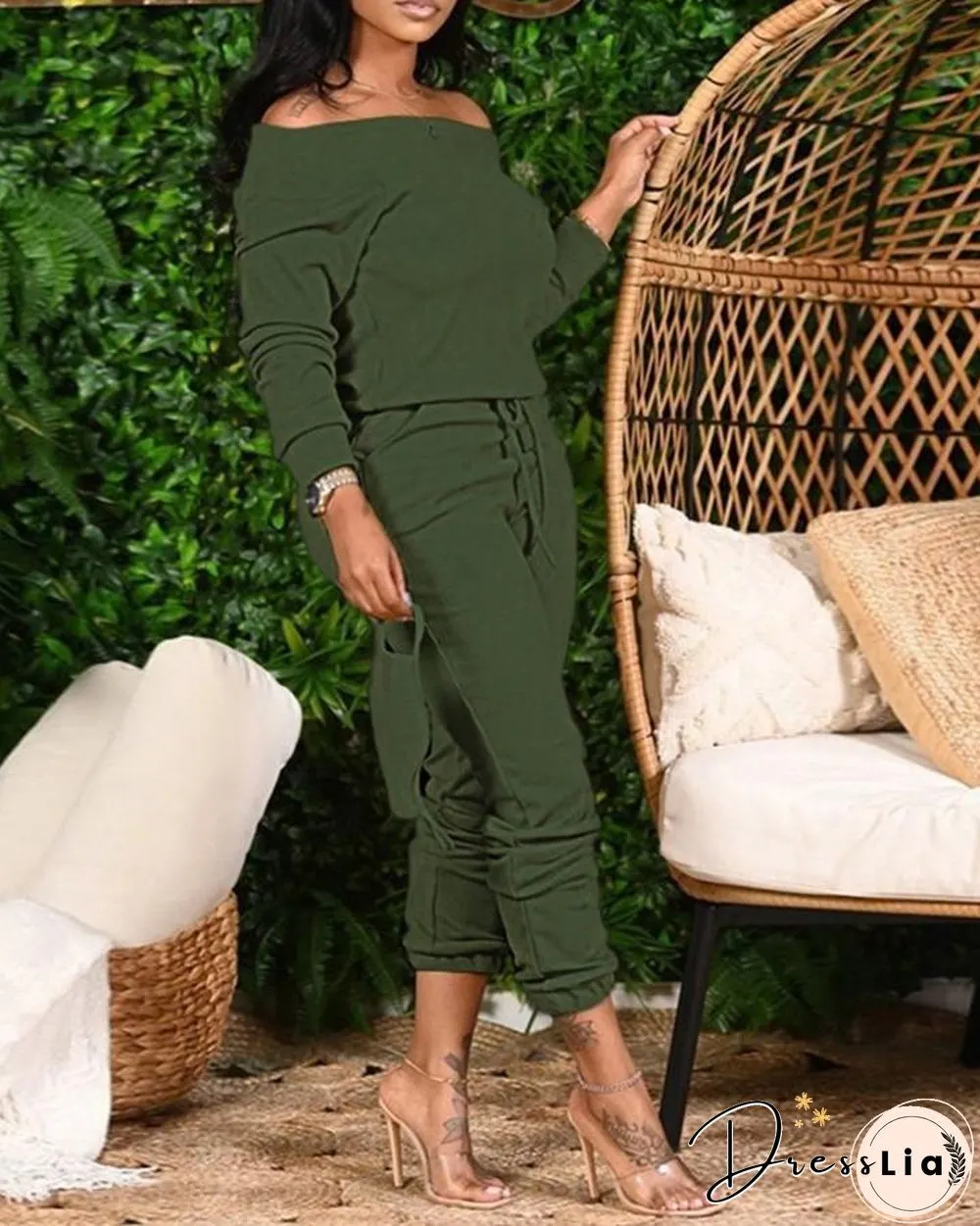 Plus Size Plain Long Sleeve Top & Drawstring Pants Set P14071