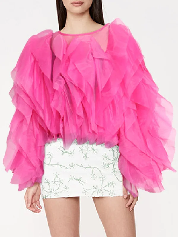 Lace-Up Solid Color Tiered Long Sleeves Loose Round-Neck Blouses&Shirts Tops