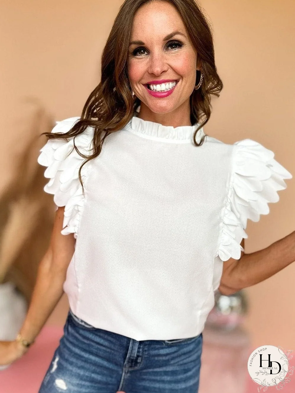 White Mock Neck Blouse with Ruffles