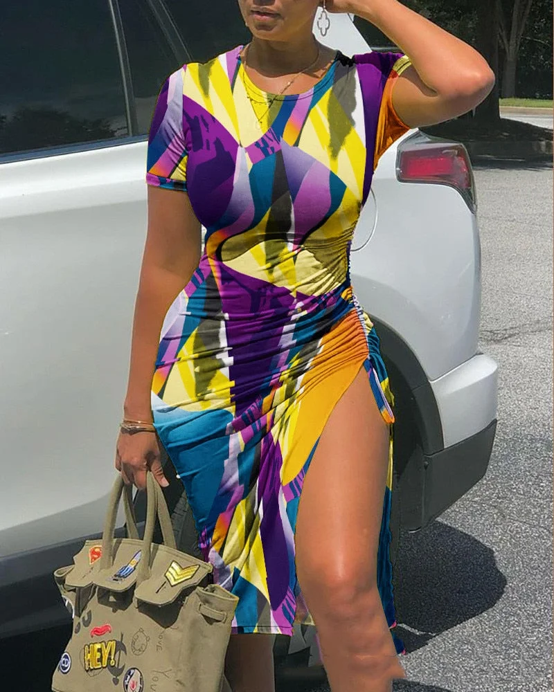 Summer Drawstring Dress Women Fashion Print V-neck Short-sleeved Drawstring Tight Tshirt Dress Women