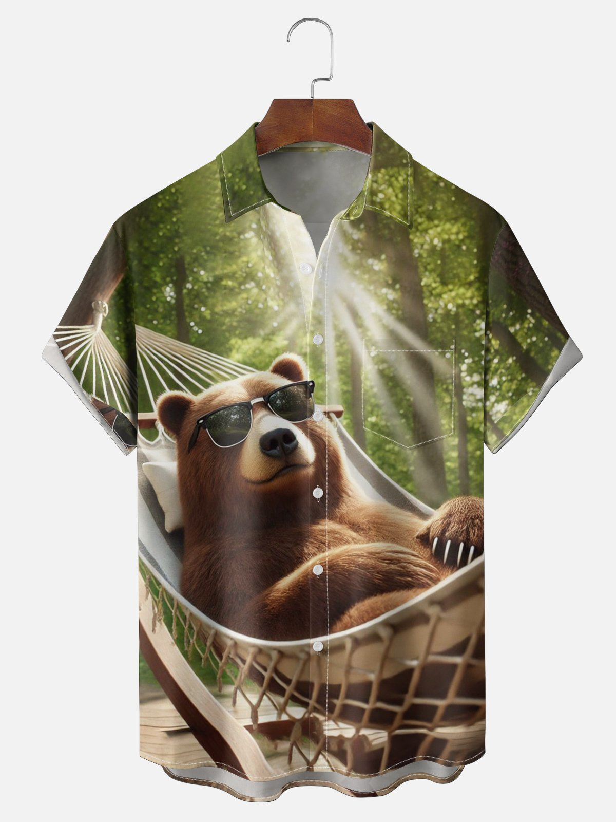 Moisture Wicking Fun Lying-Down Bear Slogan Chest Pocket Holiday Hawaiian Shirt PLUSCLOTHESMAN