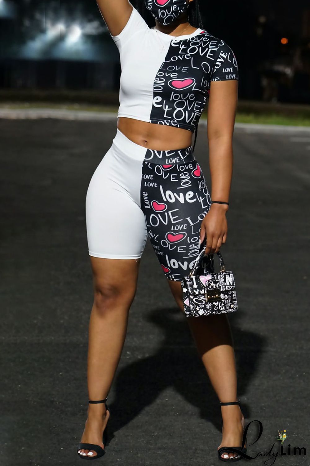 Black Casual Print Split Joint O Neck Short Sleeve Two Pieces